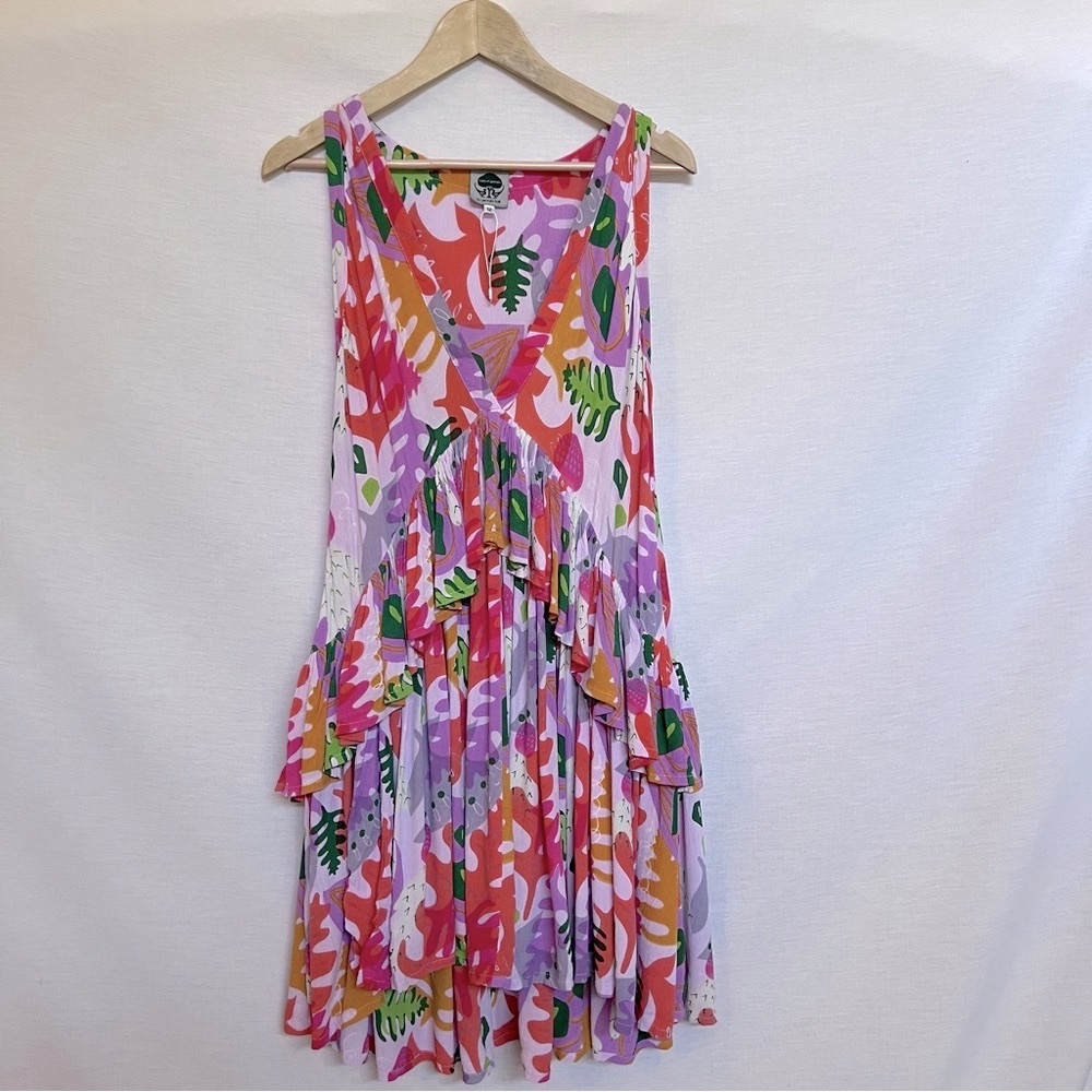 Asymmetrical V-Neck Abstract Leaf/Veggie Colorful Dress with Flutter